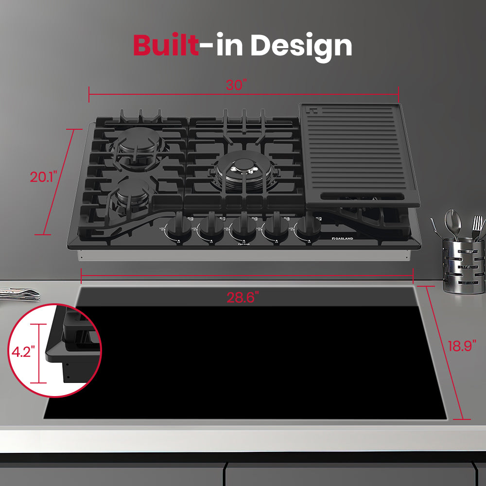 GASLAND 30" 5 Burner Black Enamel Gas Cooktop With Griddle