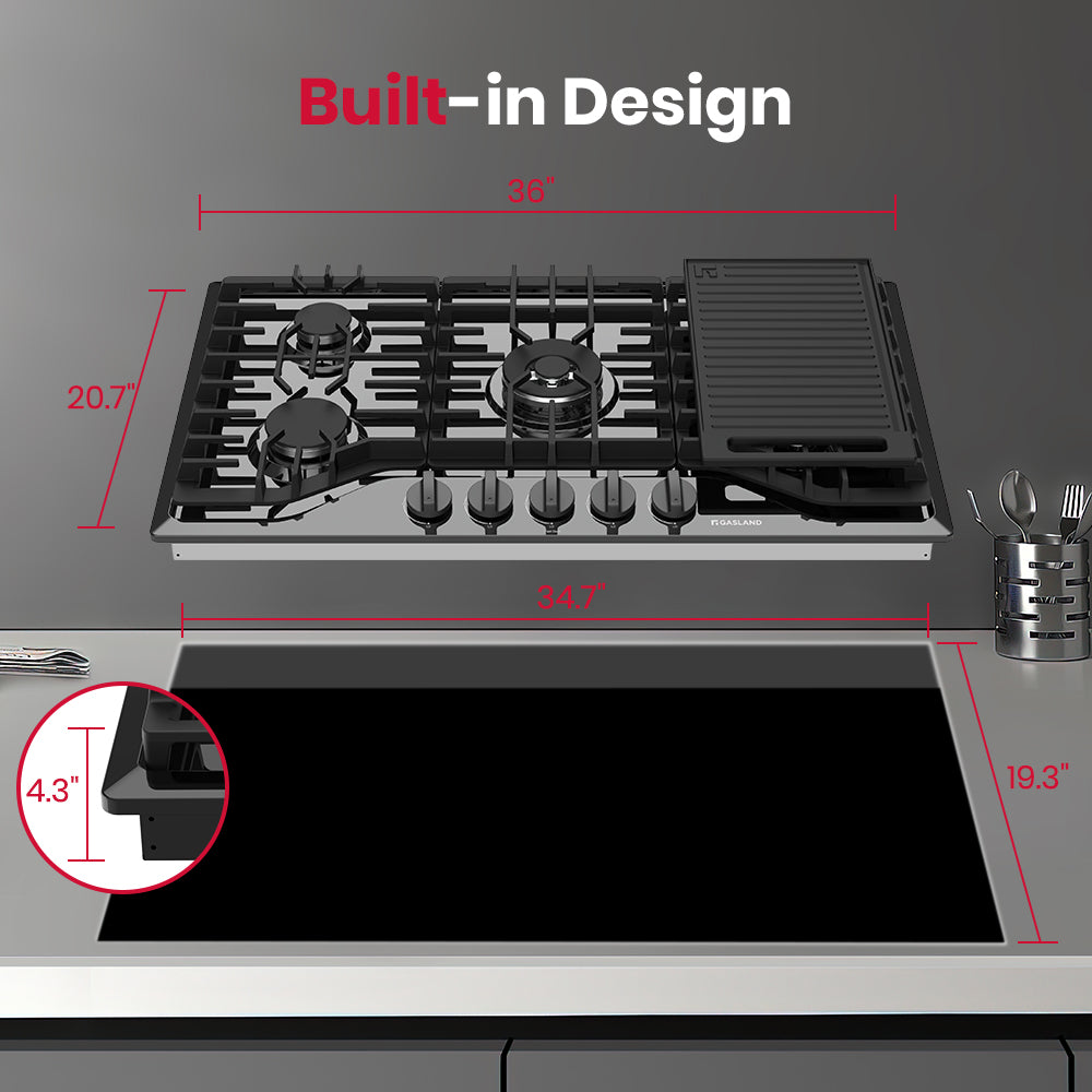 GASLAND 36" 5 Burner Black Enamel Gas Cooktop With Griddle