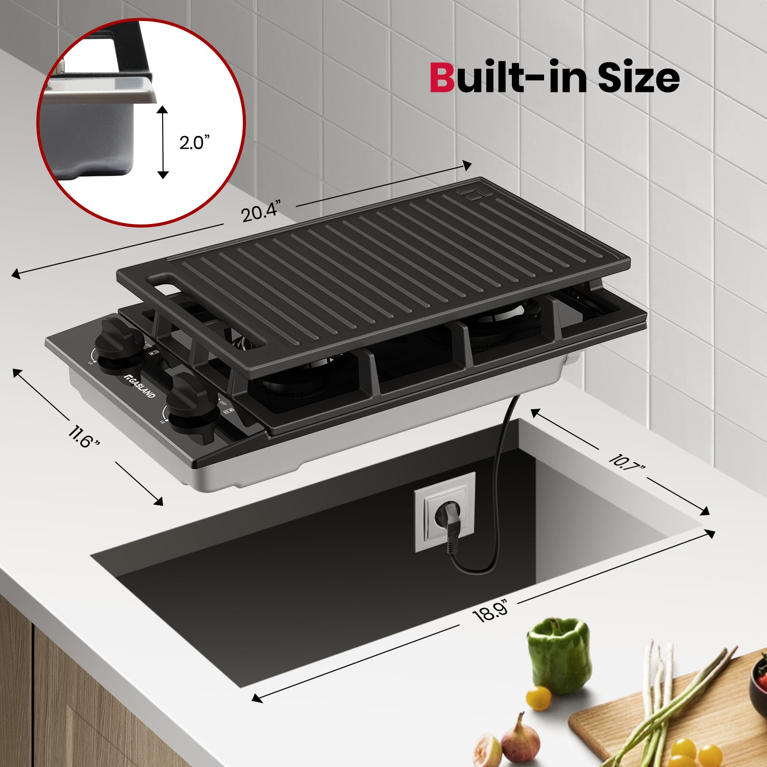 GASLAND 12" 2 Burner Black Enamel Gas Cooktop With Griddle