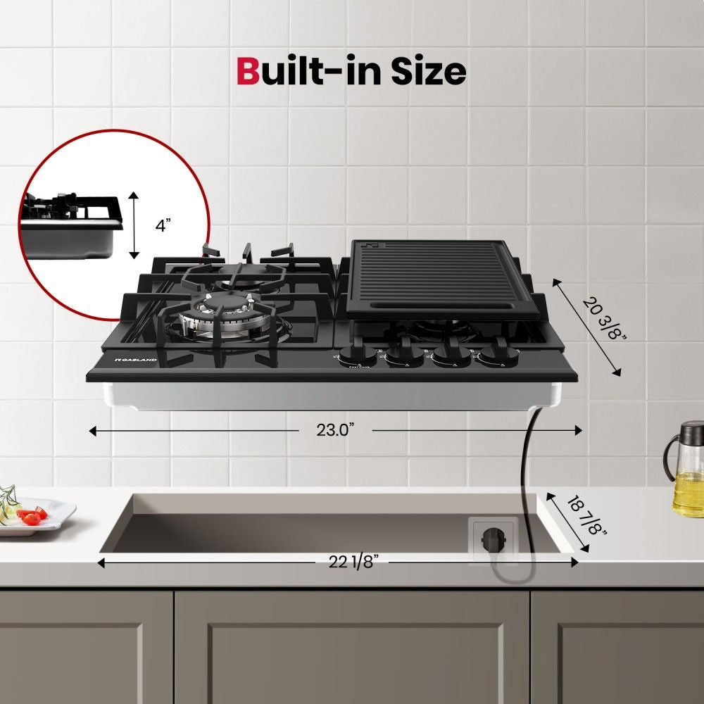 GASLAND 24 Inch 4 Burner Black Enamel Gas Cooktop with Griddle