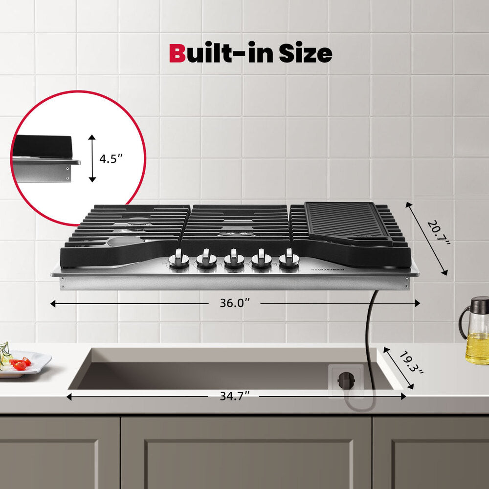GASLAND MASTER 36" 5 Burner Stainless Steel Professional Gas Cooktop with Griddle
