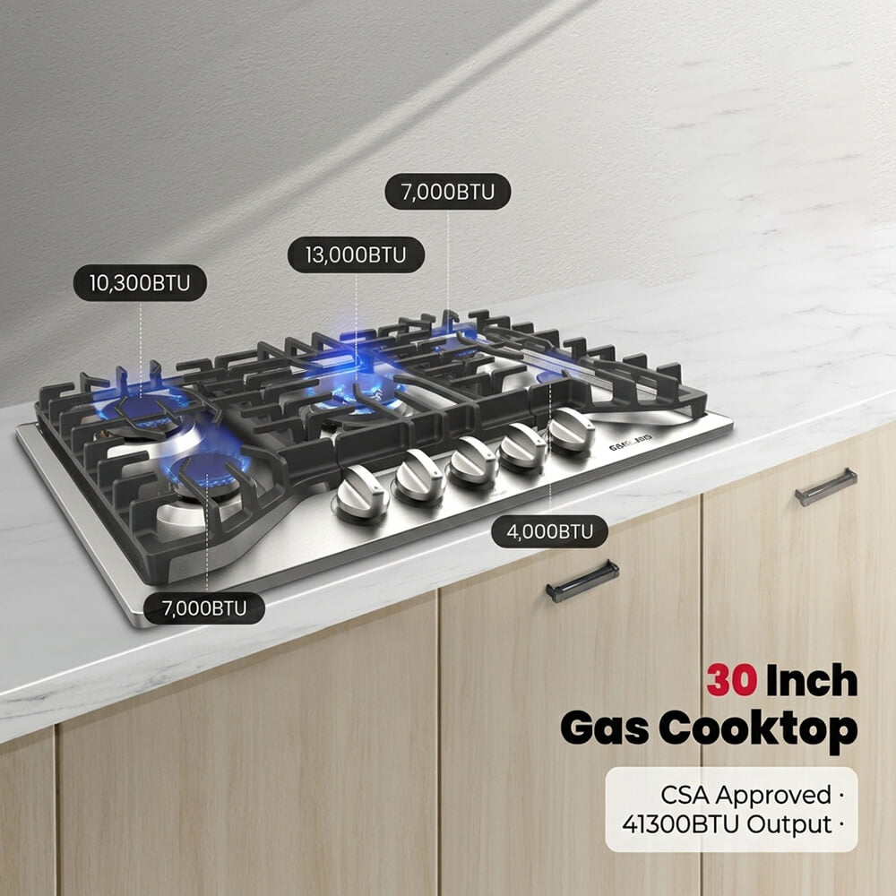 GASLAND Chef 30" 5 Burner Stainless Steel Gas Cooktop with Griddle
