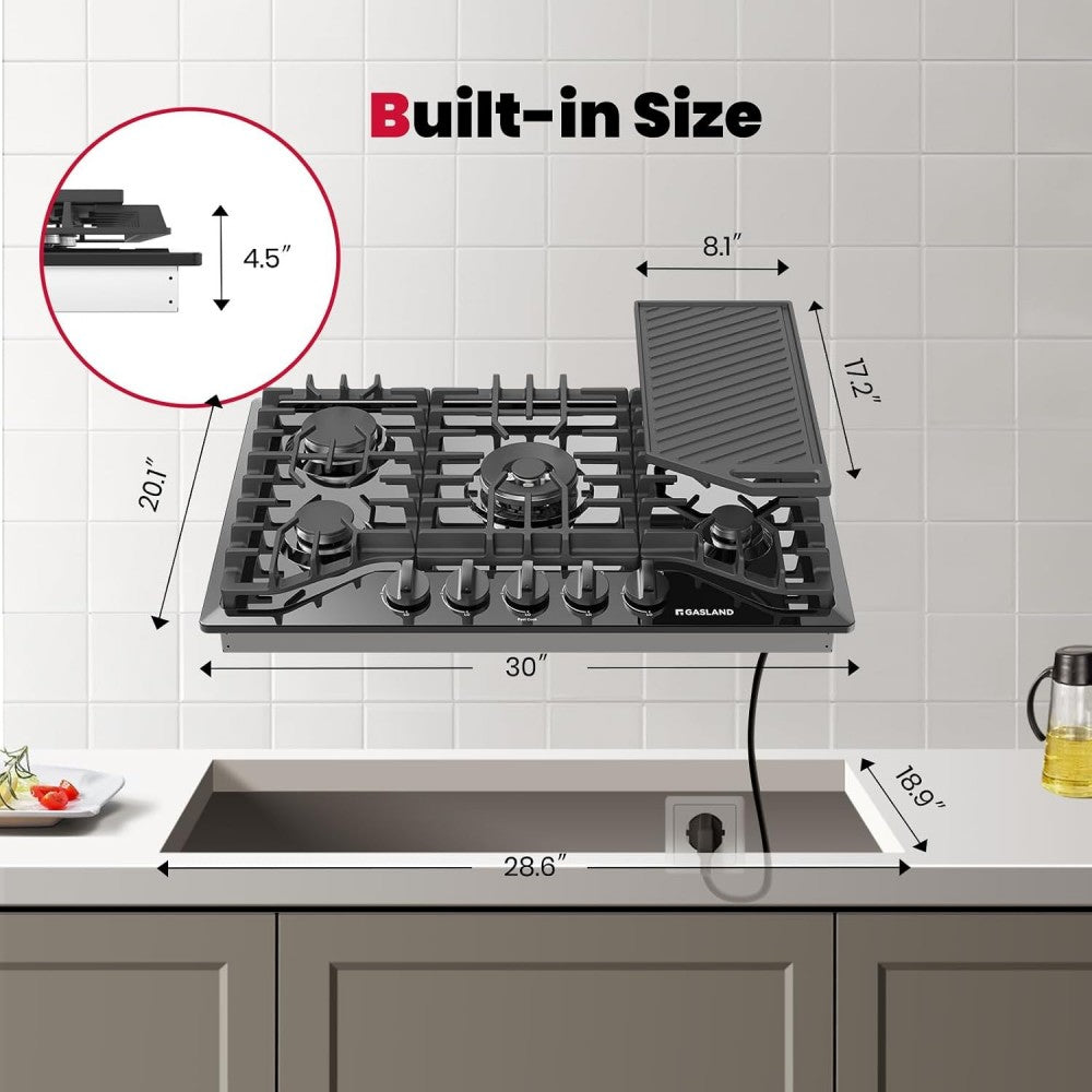 30" 5 Burner Black Enamel Gas Cooktop with Griddle