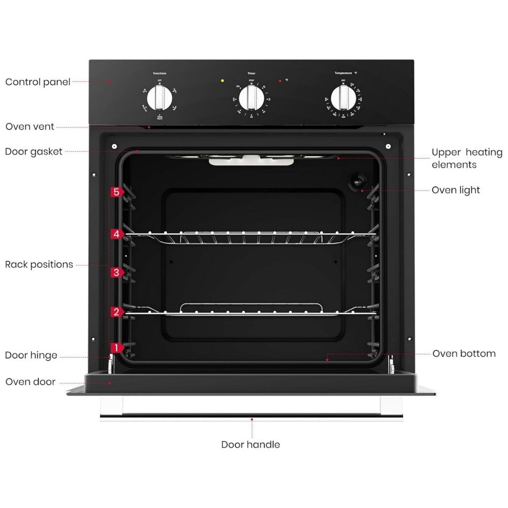 24" 2.79 Cu.ft. 5 Cooking Modes Built-In Electric Wall Oven - Black