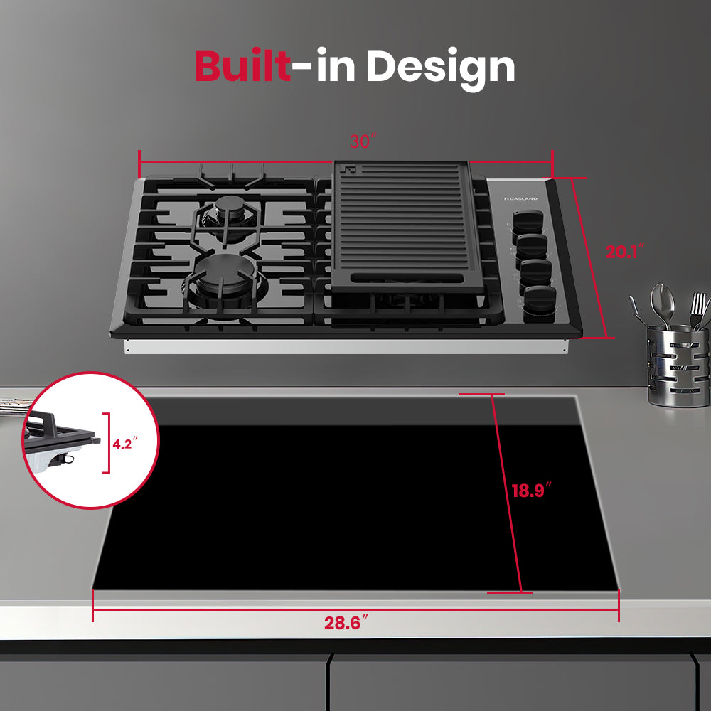 GASLAND 30'' 4 Burner Black Enamel Gas Cooktop with Griddle