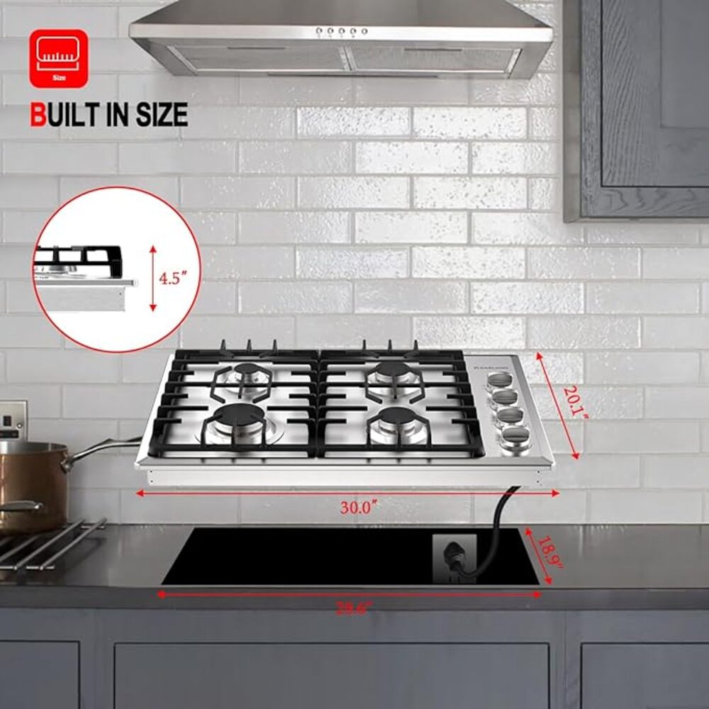 30" 4 Burner Side Knob Control Gas Cooktop