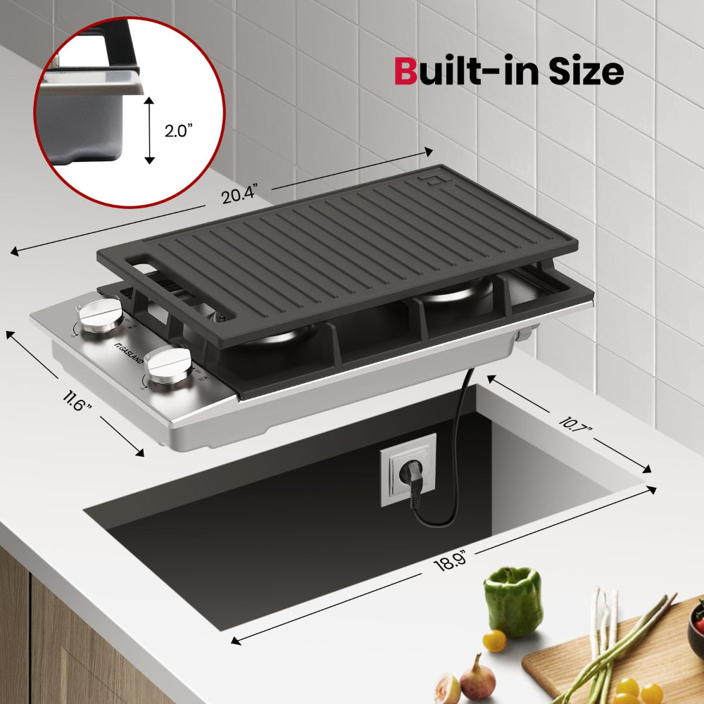 GASLAND 12" 2 Burner Stainless Steel Gas Cooktop With Griddle
