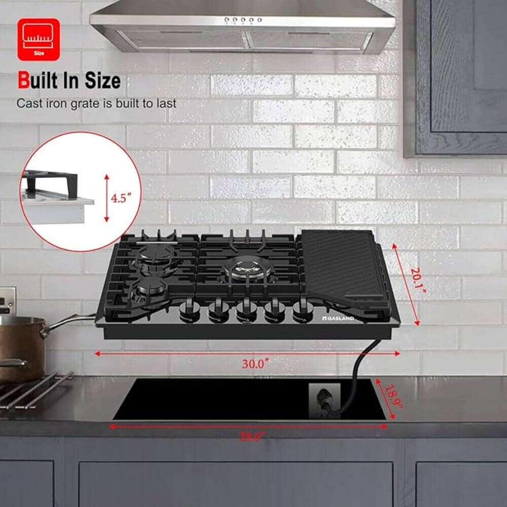 30" 5 Burner Glass Gas Cooktop with Griddle