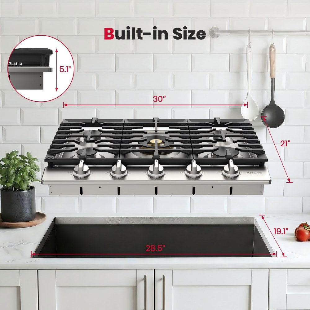 GASLAND 30" Gas Cooktop with Reversible Grill & 5 High-Efficiency Burners