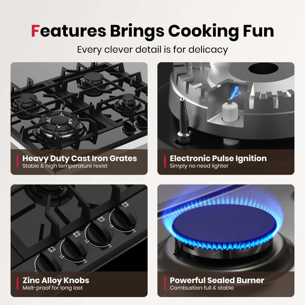 GASLAND 24 Inch 4 Burner Black Enamel Gas Cooktop with Griddle