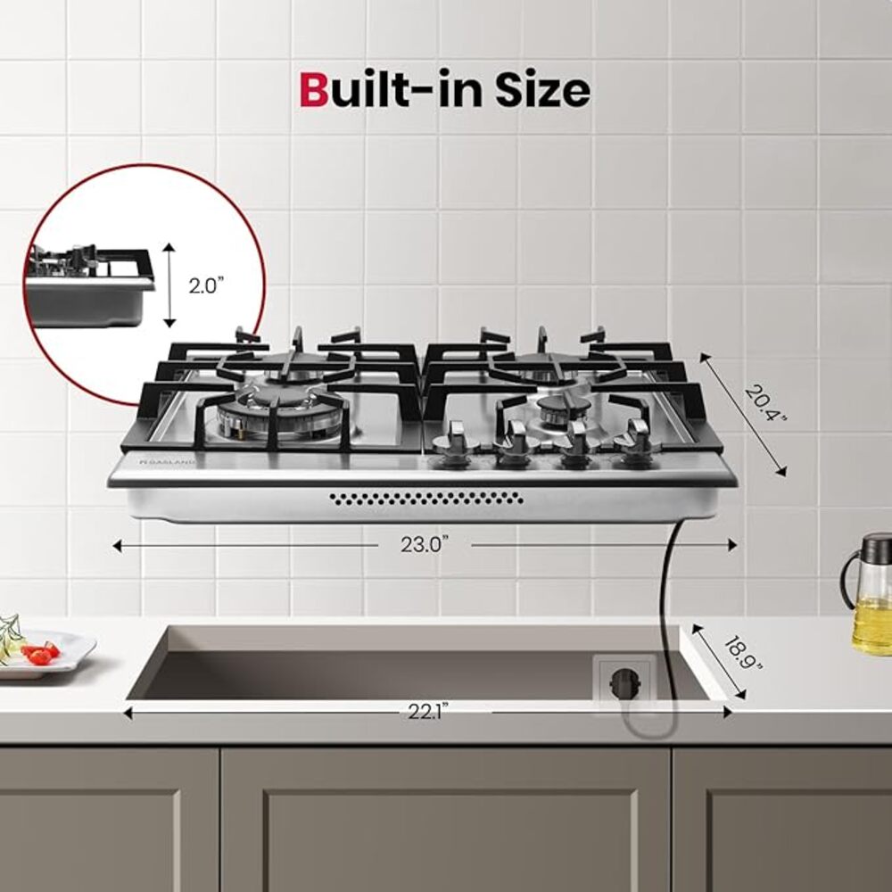 Eascookchef 24" Built-in Gas Cooktop 4 Burners NG/LPG Stainless Steel Tempered Glass