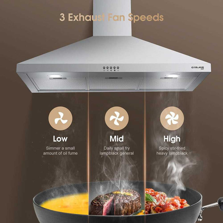 GASLAND Chef 36 Inch Ultra Quiet 3 Speed 350 CFM Ducted Push Button Control Stainless Steel Wall Mount Hood