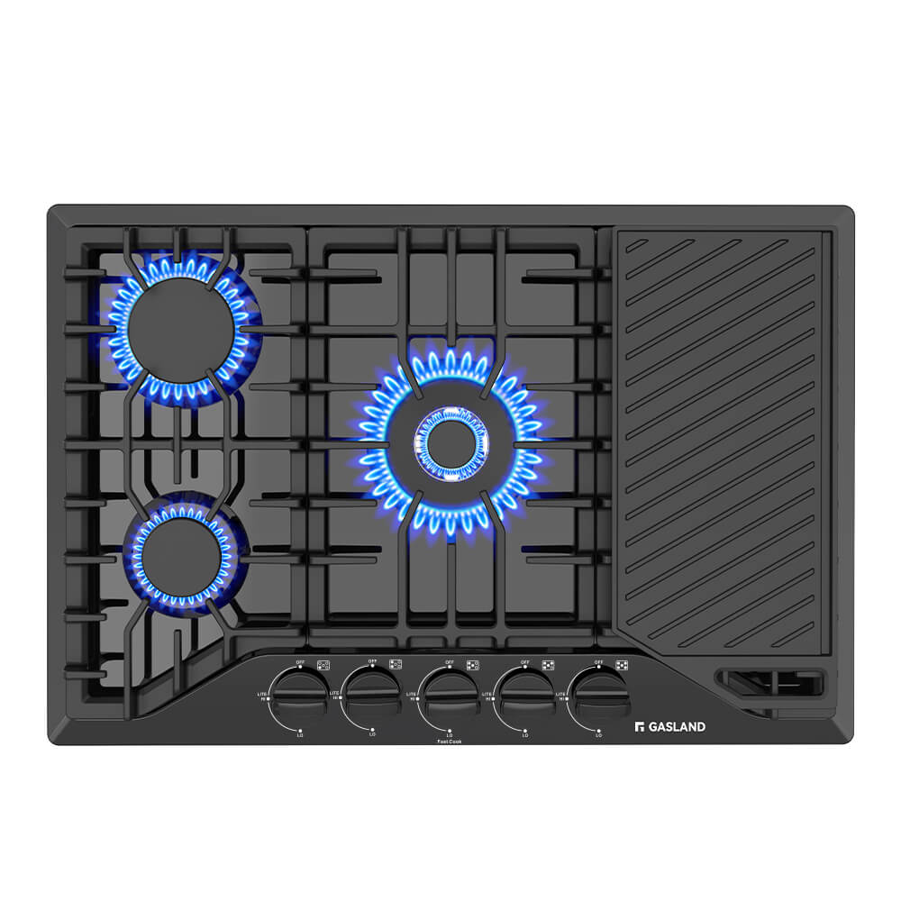 30" 5 Burner Black Enamel Gas Cooktop with Griddle