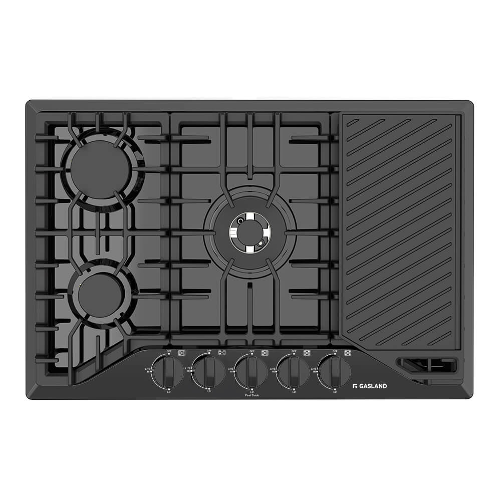 30" 5 Burner Black Enamel Gas Cooktop with Griddle