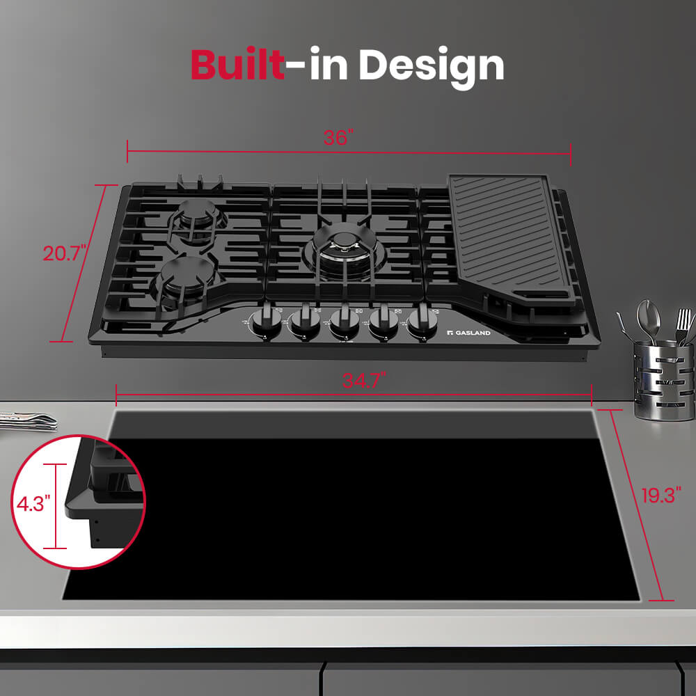 36" 5 Burner Black Enamel Gas Cooktop with Griddle