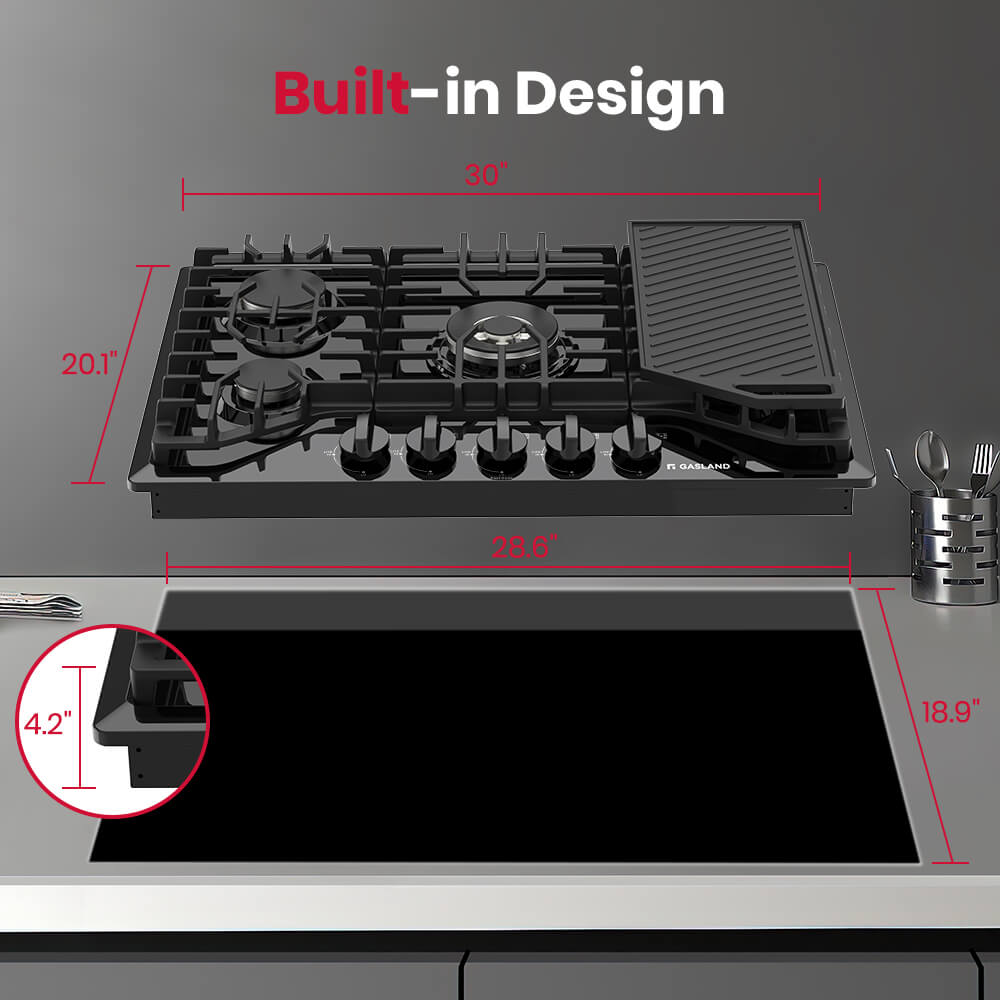 30" 5 Burner Black Enamel Gas Cooktop with Griddle