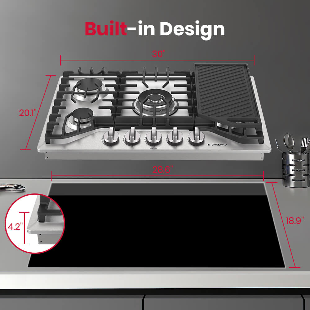 30" 5 Burner Stainless Steel Gas Cooktop with Griddle