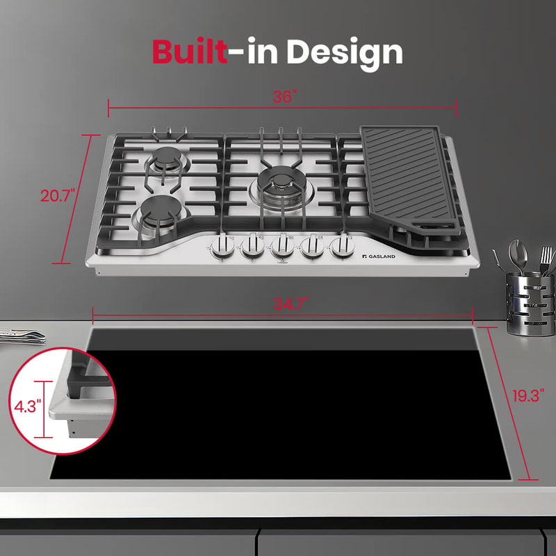 36 In Gas Cooktop GASLAND Chef 36 Inch Gas Counter Stove with Griddle 5 Burner Stainless ...
