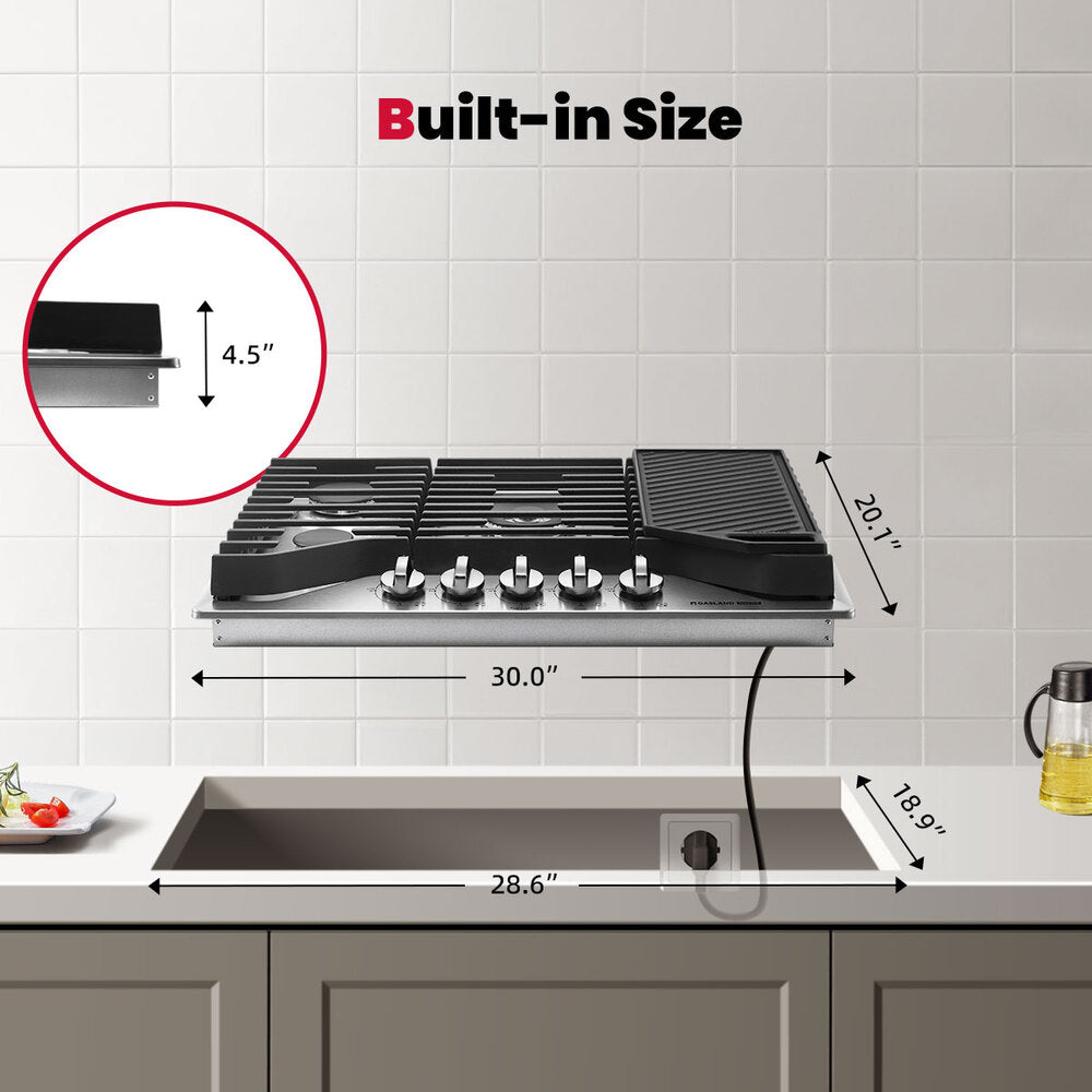 30" 5 Burner Stainless Steel Professional Gas Cooktop with Griddle