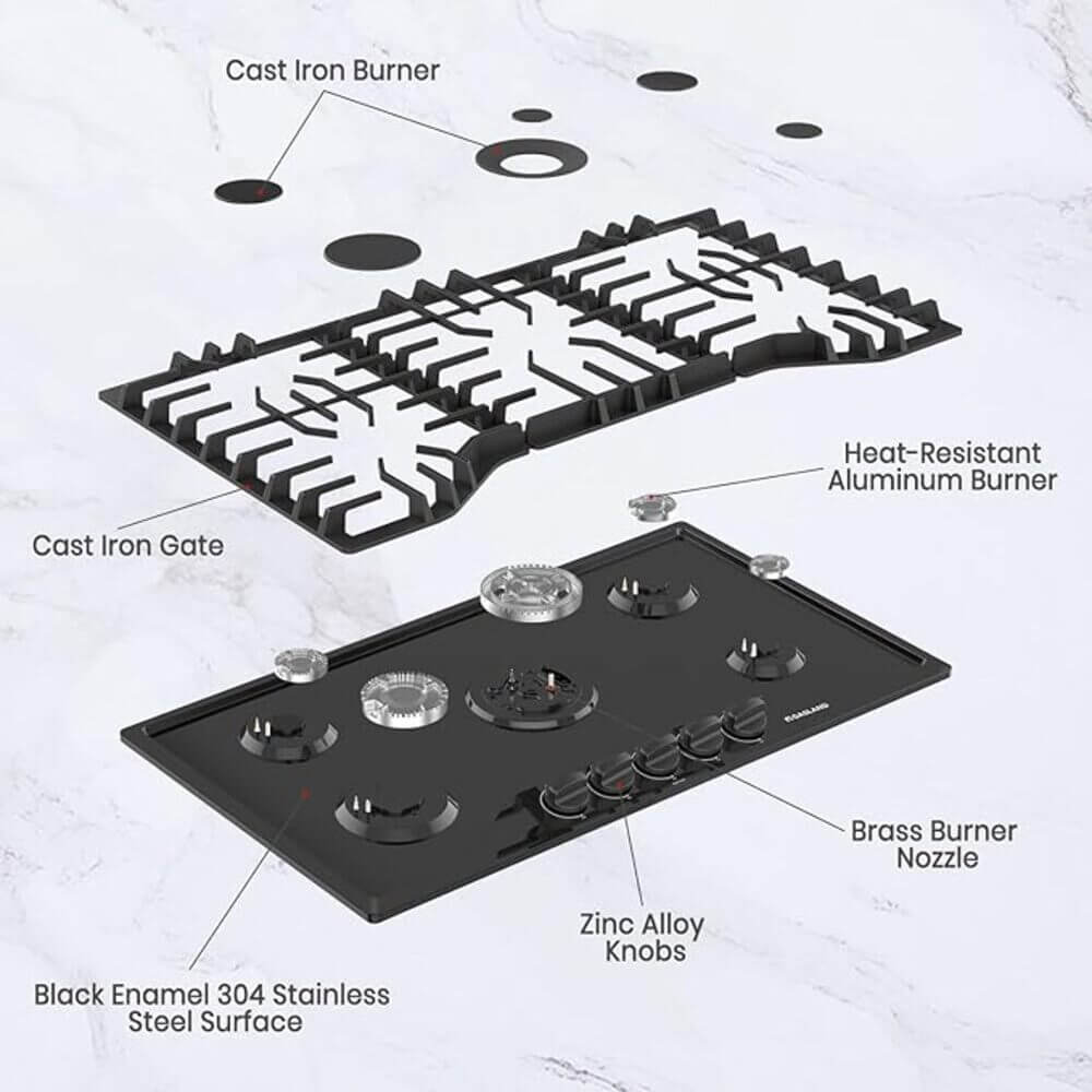 36" 5 Burner Enamel Glass Gas Cooktop