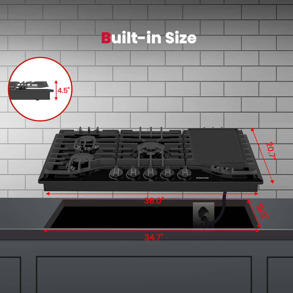 36" 5 Burner Enamel Glass Gas Cooktop with Griddle