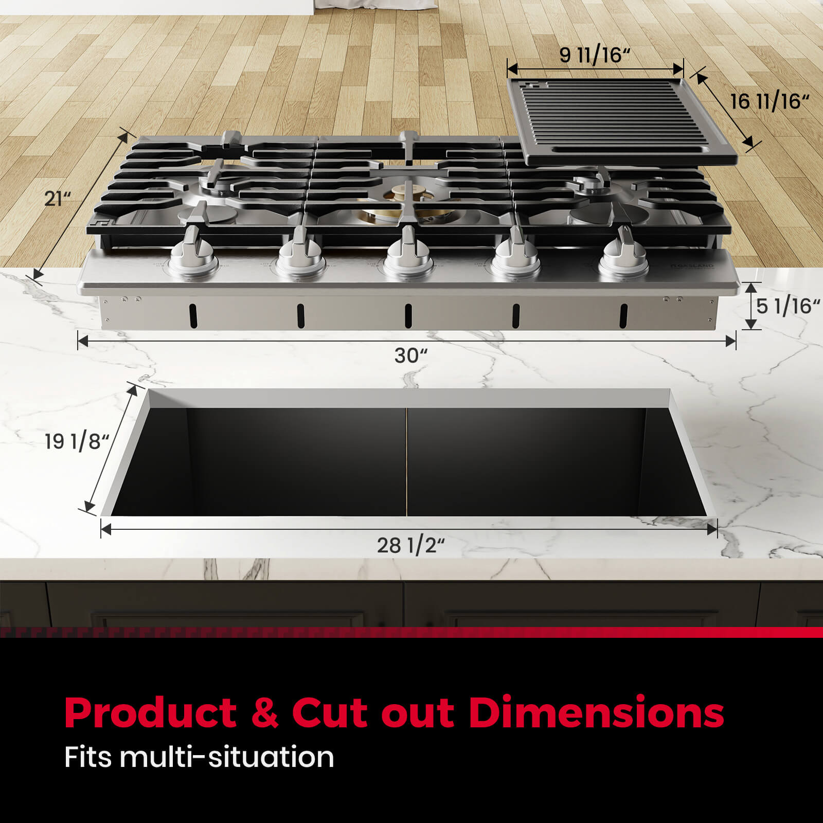 GASLAND CHEFF COLLECTION 30" 5 Powerful Brass Burners Gas Cooktop with Grill