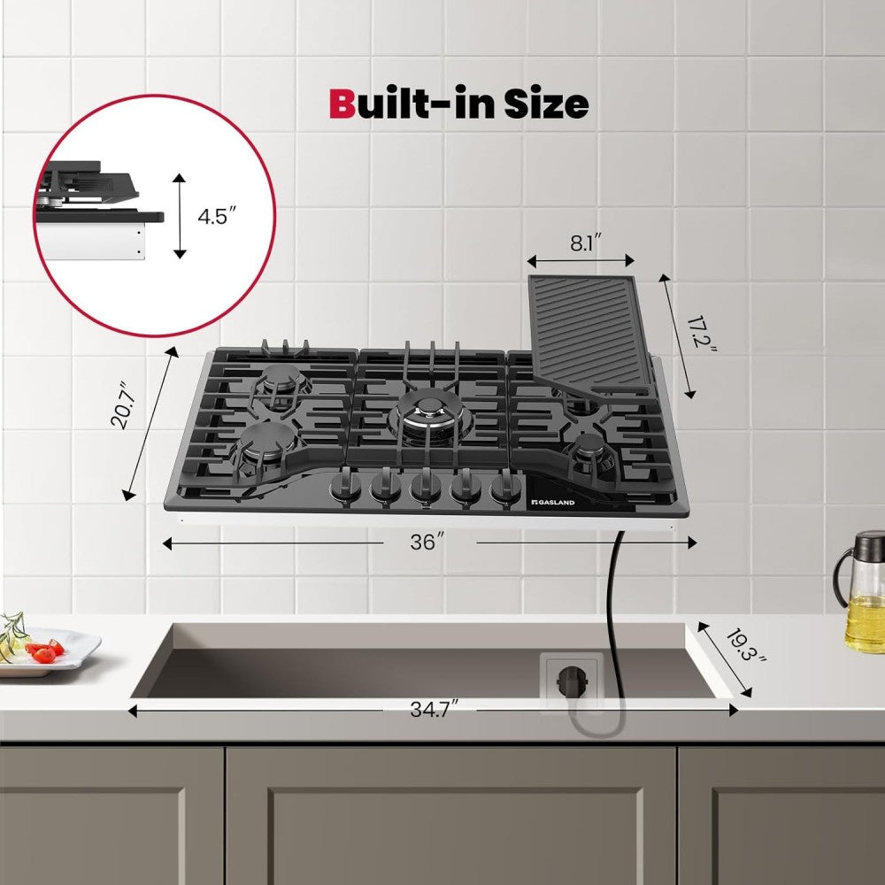 36" 5 Burner Black Enamel Gas Cooktop with Griddle