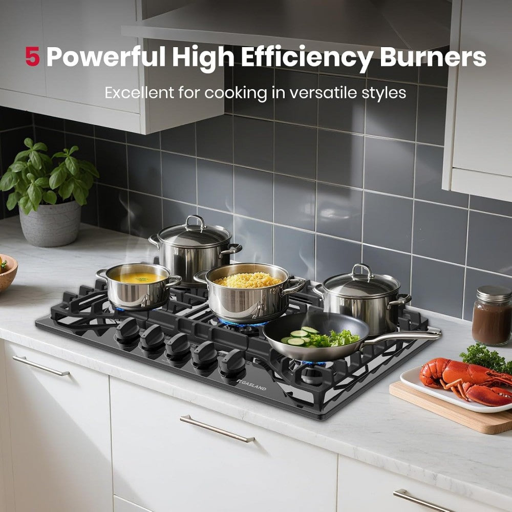 30" 5 Burner Black Enamel Gas Cooktop with Griddle