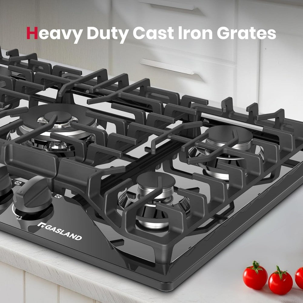 30" 5 Burner Black Enamel Gas Cooktop with Griddle