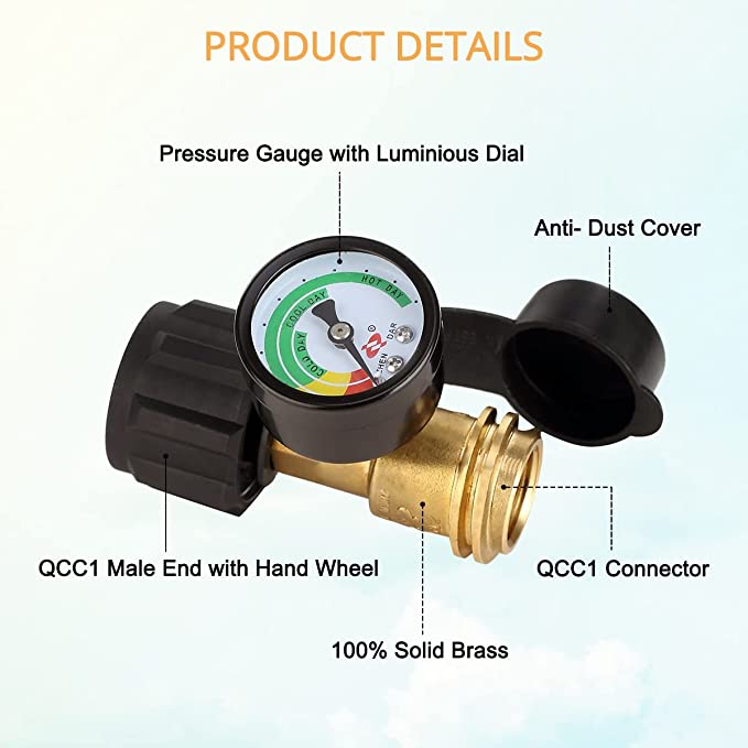 Propane Tank Brass Adapter with Pressure Meter Gauge for LP Gas