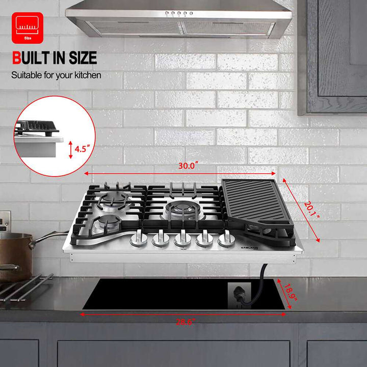 Gasland Chef 30 In. Pro-Style 5 Burner NG/LPG Convertible Gas Cooktop With Griddle